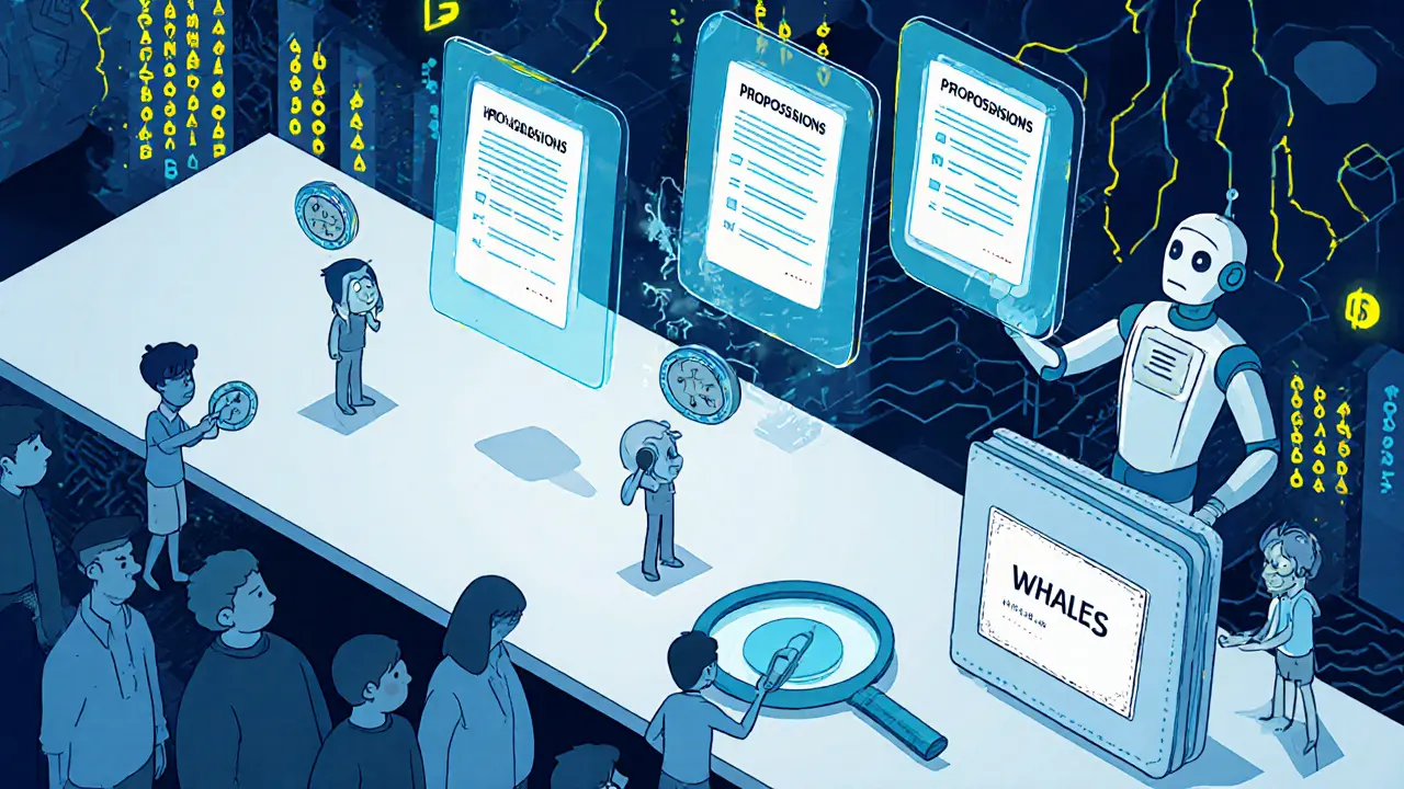 A DAO voting chamber shows small holders outnumbered by giant whale wallets casting votes.