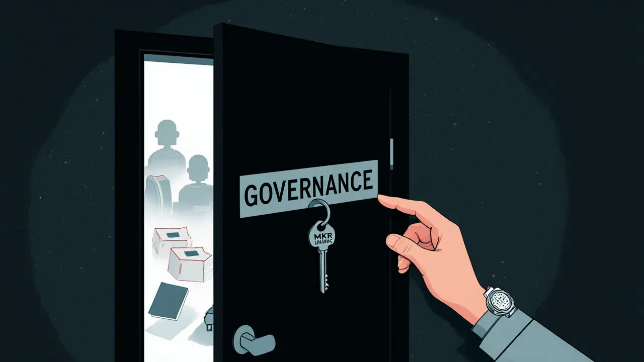A governance door stands open with a key on the hook, while a whale's hand turns the knob inside.