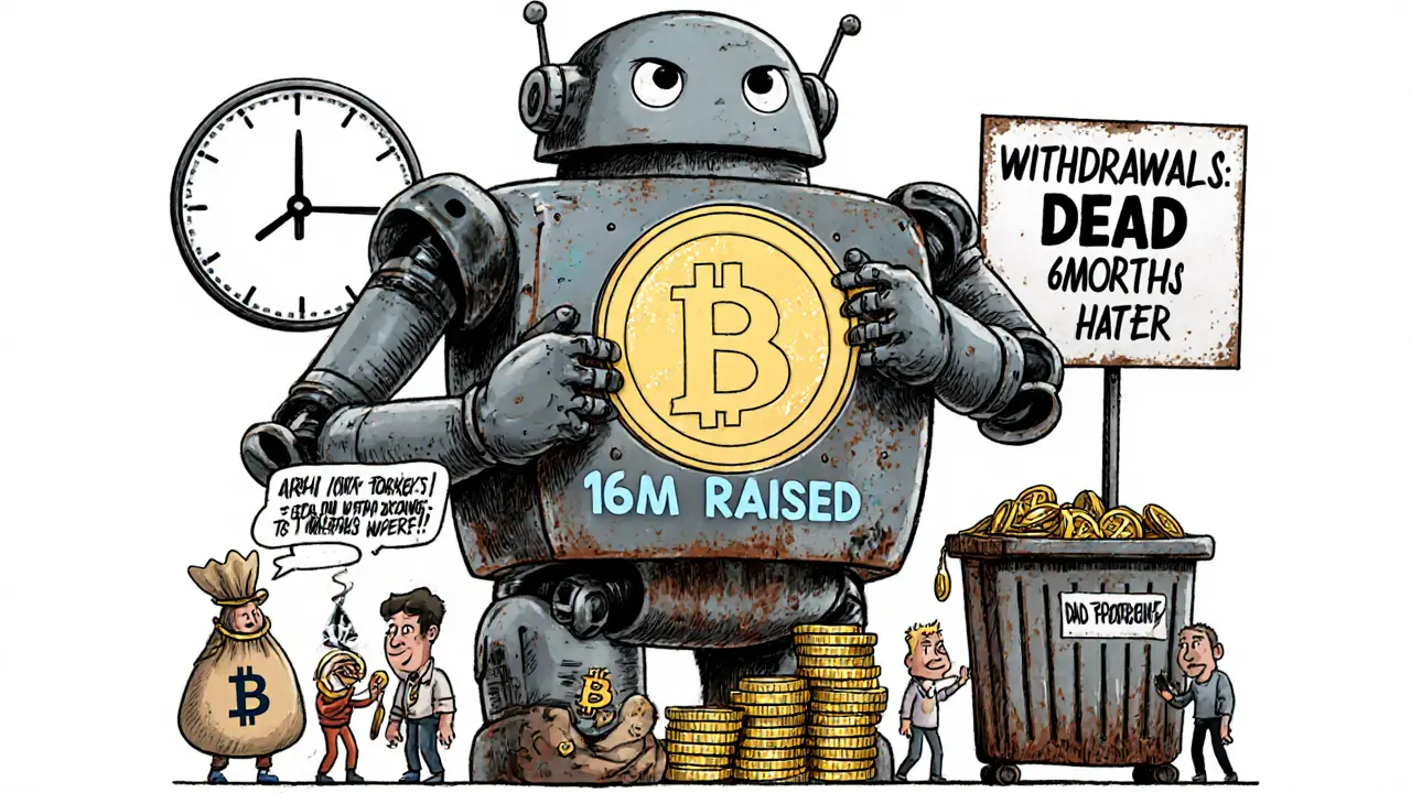 A rusting ARX token robot drains users&#039; crypto while a trash bin fills with failed projects.