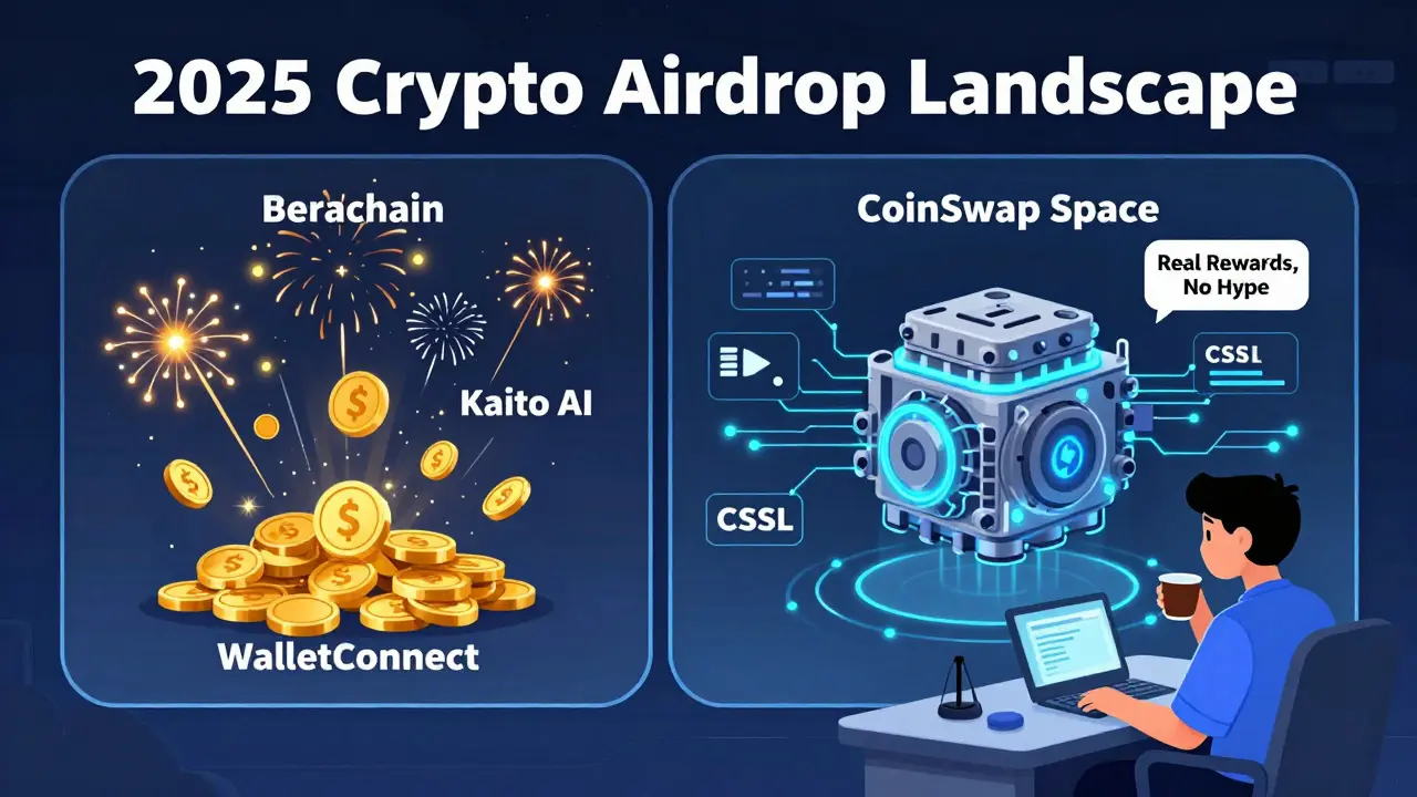 A 2025 crypto dashboard showing exploding airdrops on one side and steady CoinSwap Space rewards on the other.