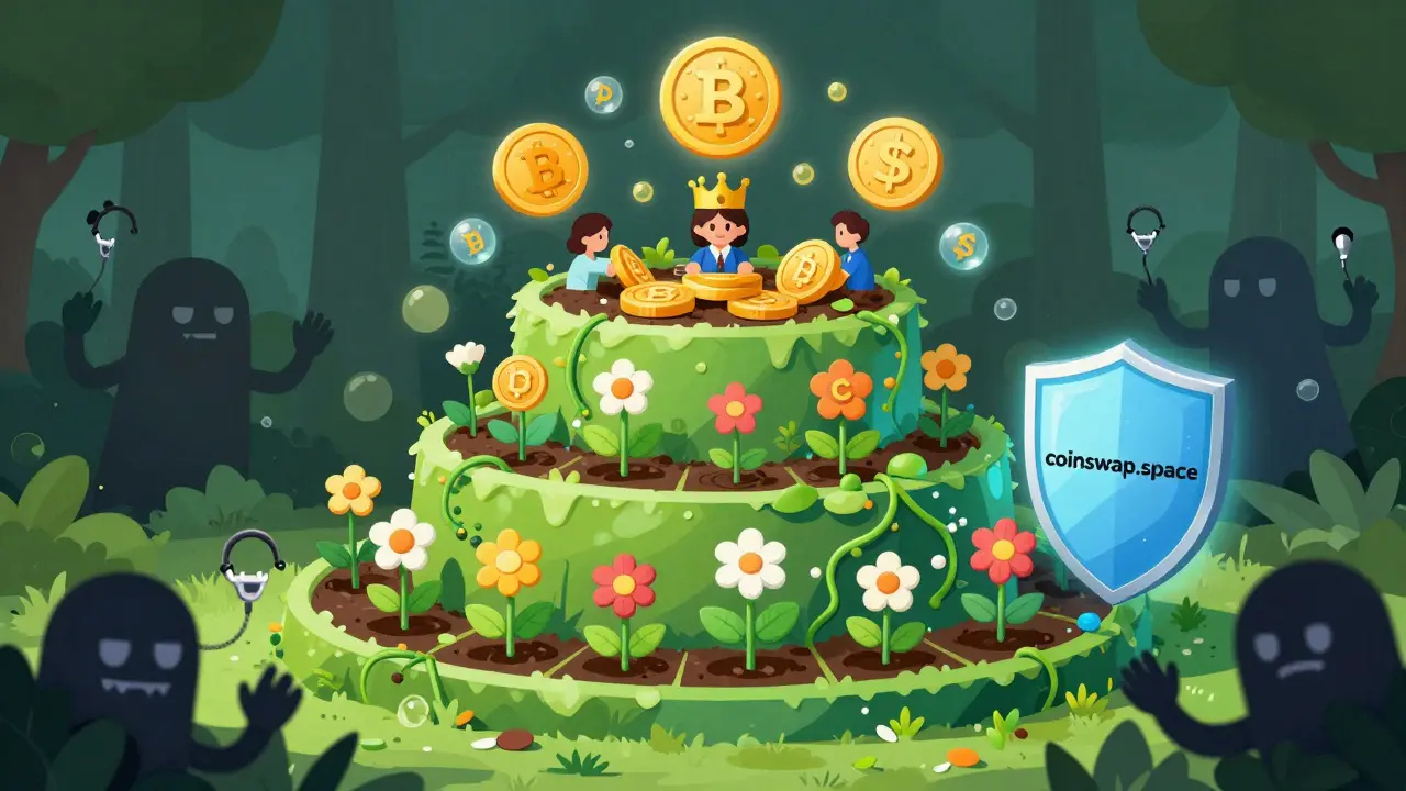 A garden of tokens growing from liquidity to governance, with scam bots blocked by a security shield.