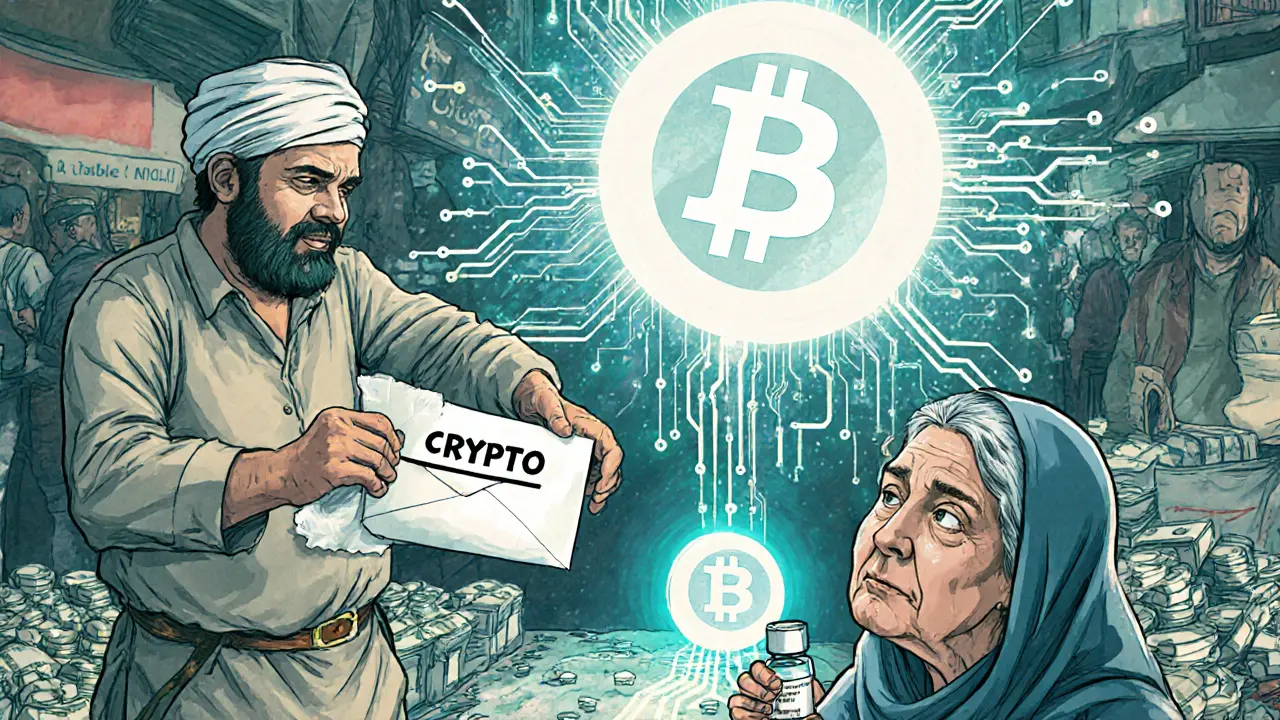 A hawala broker delivers crypto to a customer, with cash and blockchain connecting beneath a woman holding medicine.