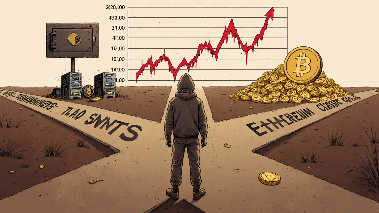 A miner at a crossroads facing three crypto networks, each with distinct visual fates, under a rising price graph.