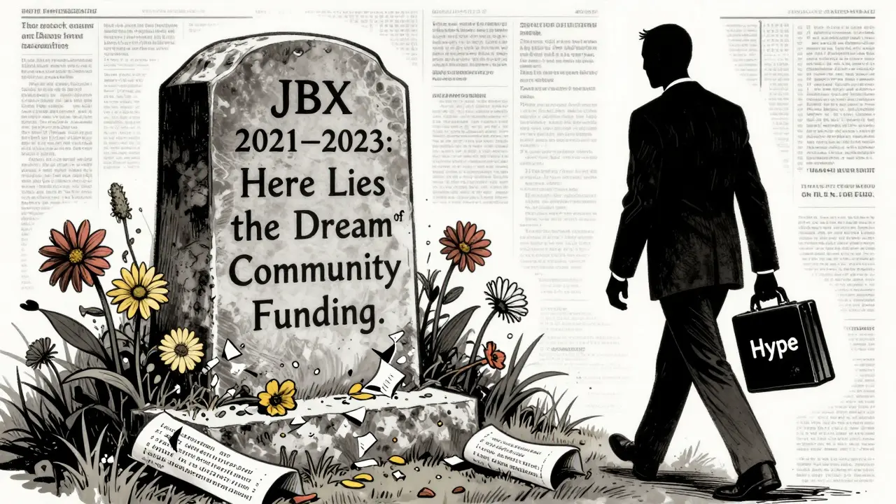 A tombstone for JBX surrounded by broken code and a walking figure holding &#039;Hype,&#039; representing the platform&#039;s failure.