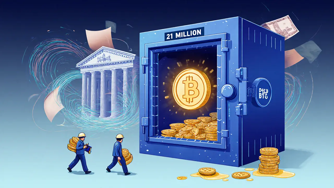 A vault closing with Bitcoin&#039;s final supply, miners delivering transaction fees, while global money flows in.