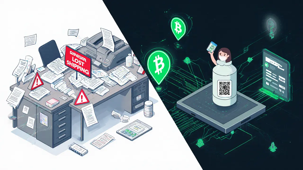 Contrast between chaotic paper-based supply chain and clean digital dashboard with live tracking.