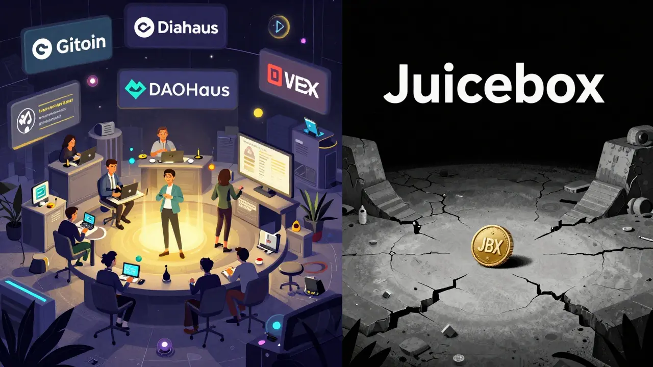 Contrasting vibrant active Web3 platforms against a desolate Juicebox graveyard in editorial illustration style.