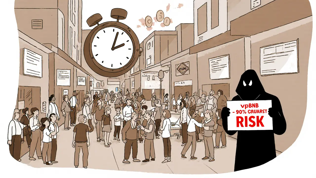 Digital marketplace on BNB Chain with users trading vBNB and a future upgrade sign.