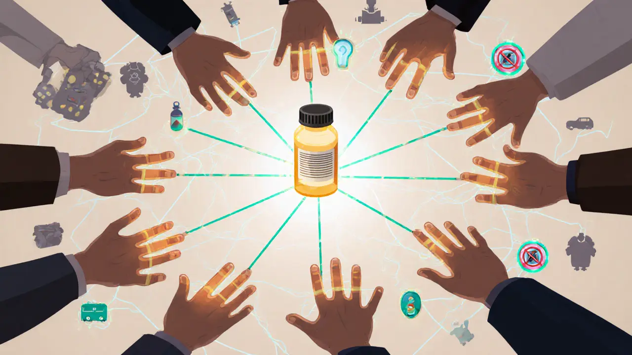 Global network of hands passing a medicine bottle through a secure, AI-enhanced supply chain.