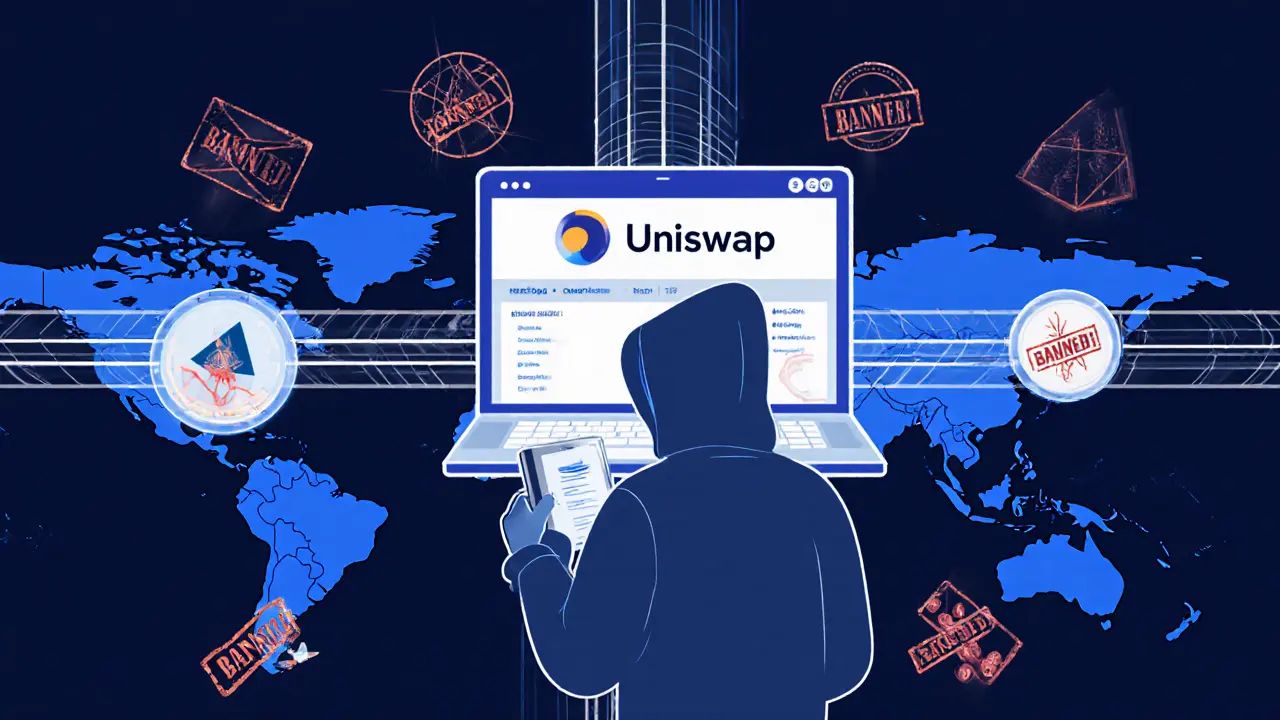 Someone using a VPN to access a decentralized exchange, with censorship attempts blocking the connection.