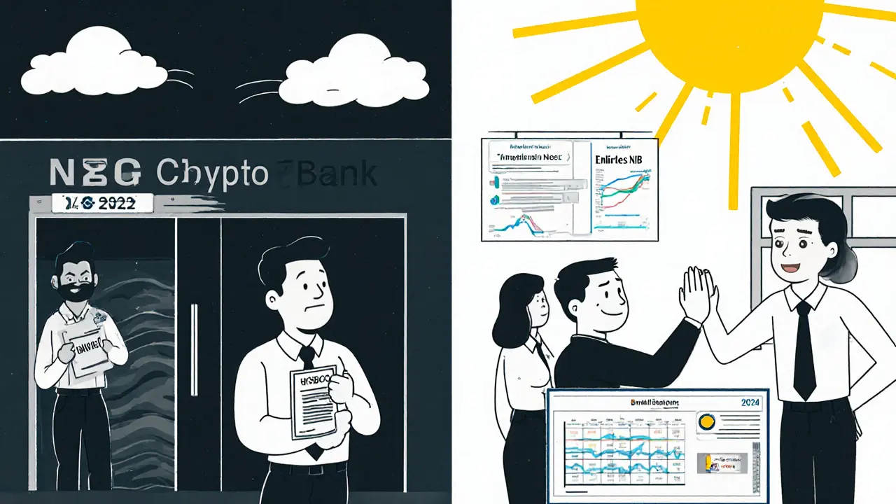 Split illustration: 2022 crypto office in crisis vs. 2024 thriving with open bank accounts.
