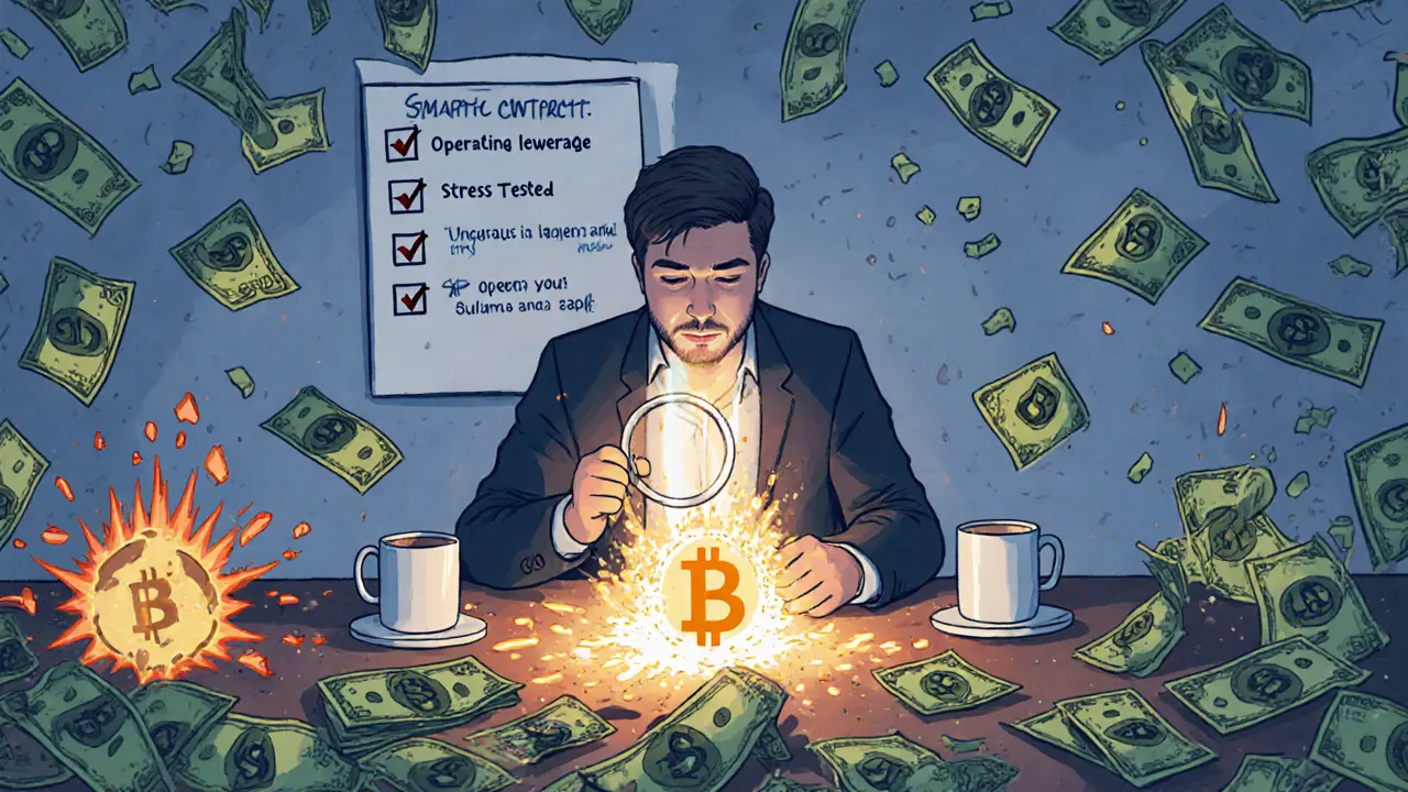 A founder calmly focusing on a glowing smart contract while chaos of liquidations and debt surrounds them.