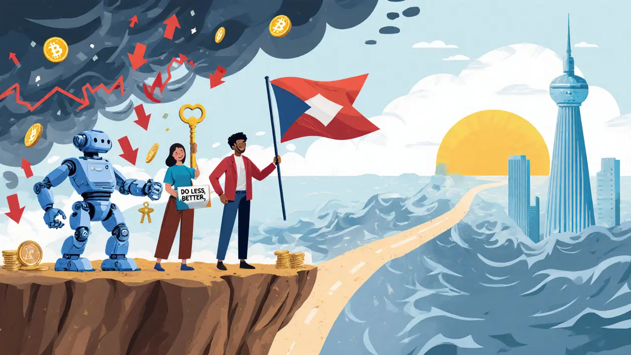 A group on a cliff using tools of automation, community, and skill to navigate a market storm toward a sustainable future.