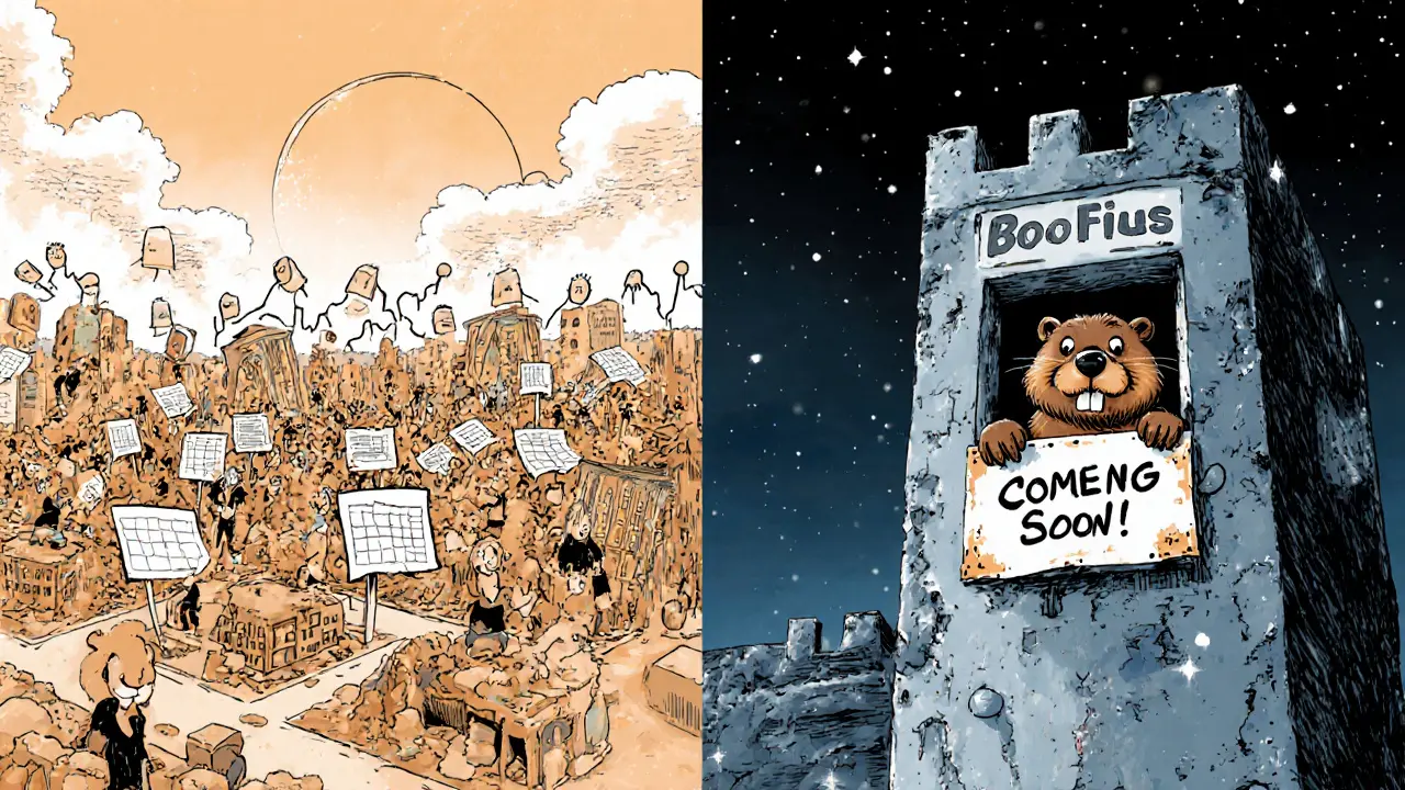 A split scene showing a thriving DeFi hub versus a crumbling Boofus tower with a faded 'Coming Soon' sign.