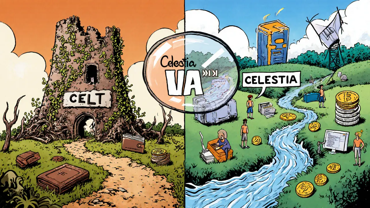 Contrasting abandoned CELT project with thriving Celestia ecosystem in stylized illustration.