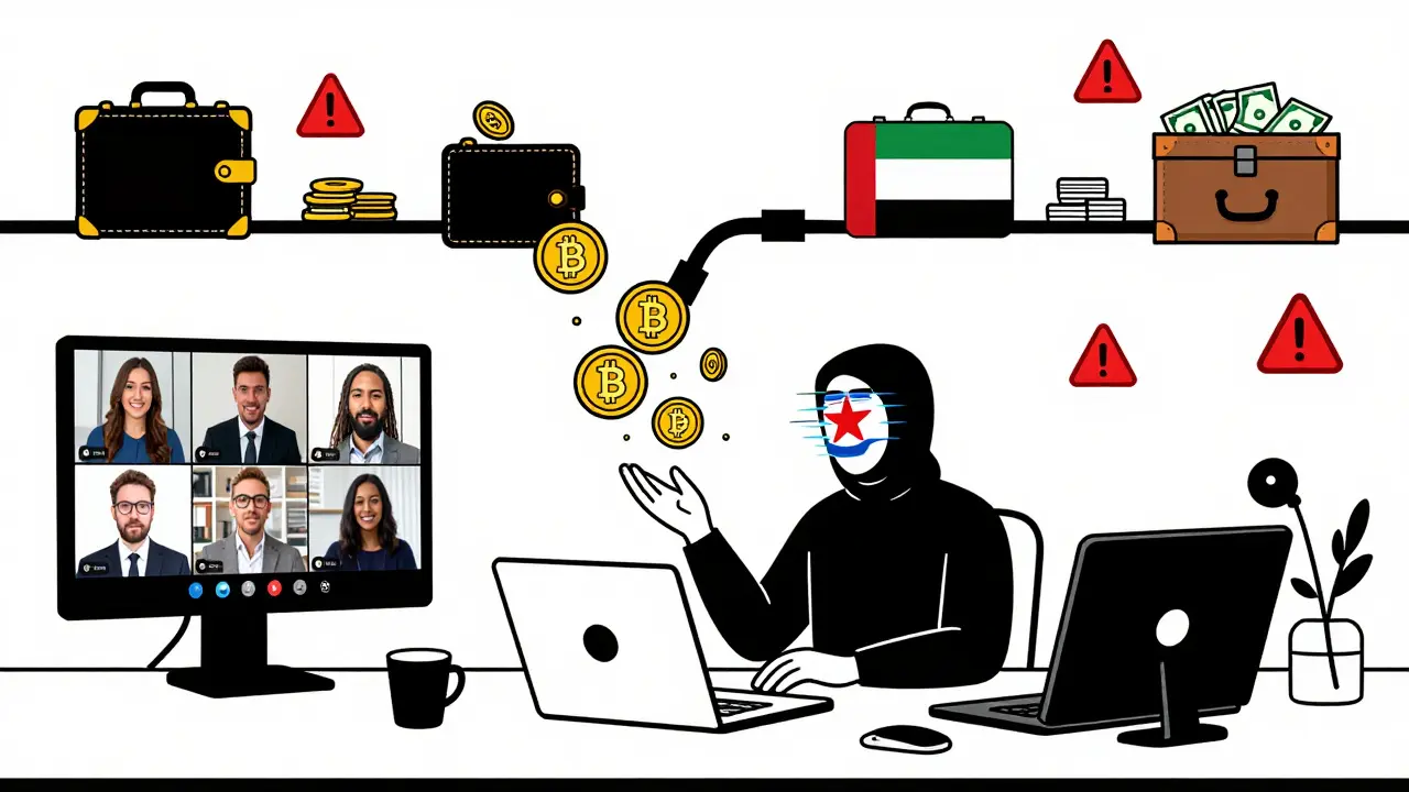 Crypto startup remote worker secretly siphoning funds to international sanctions-evading nodes.