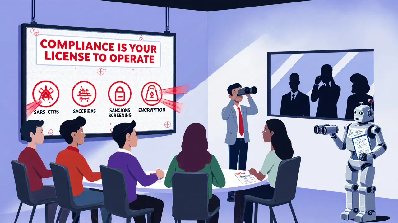 Crypto team in training, watching AML alerts on screens while a poster emphasizes compliance as a license to operate.