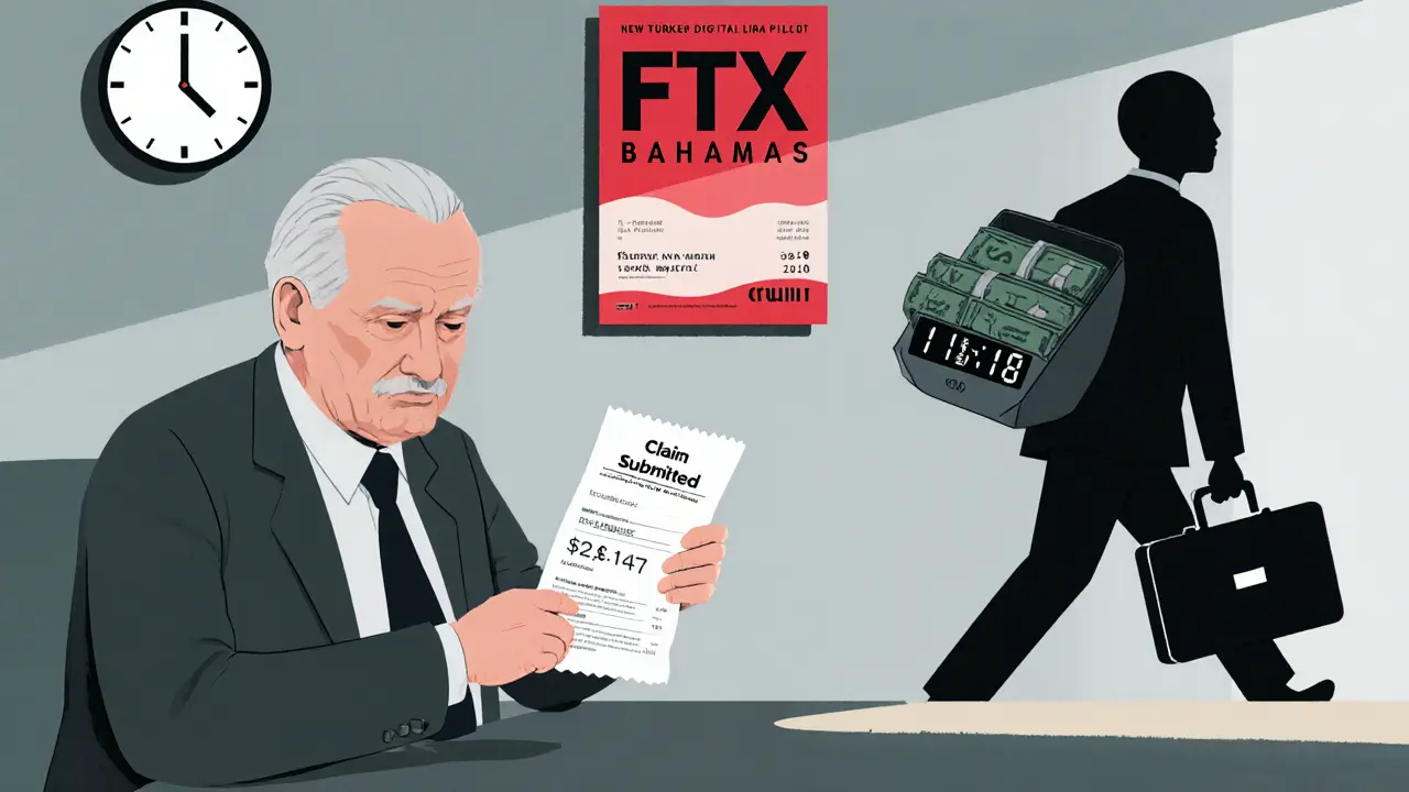 Elderly man stares at failed crypto claim receipt as shadowy FTX executive walks away with cash, digital lira poster glows behind.