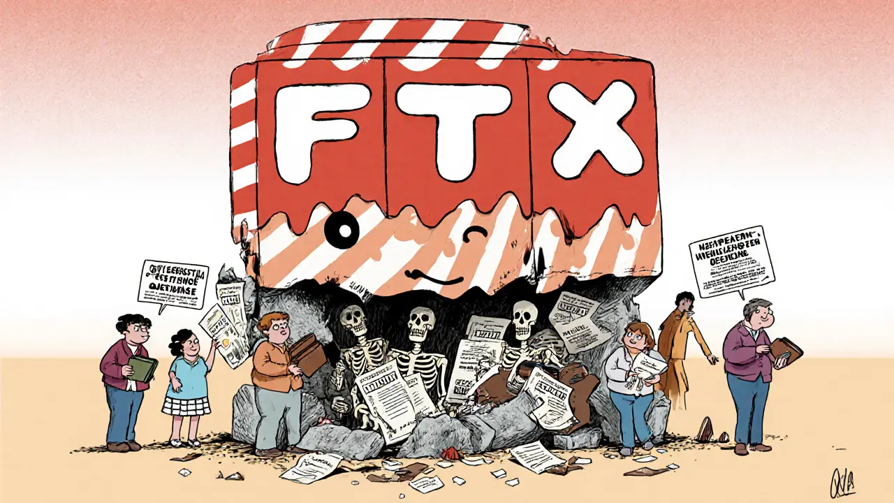 Giant FTX Turkey logo made of candy crumbles from within, revealing hidden fraud, while users below hold wallets.