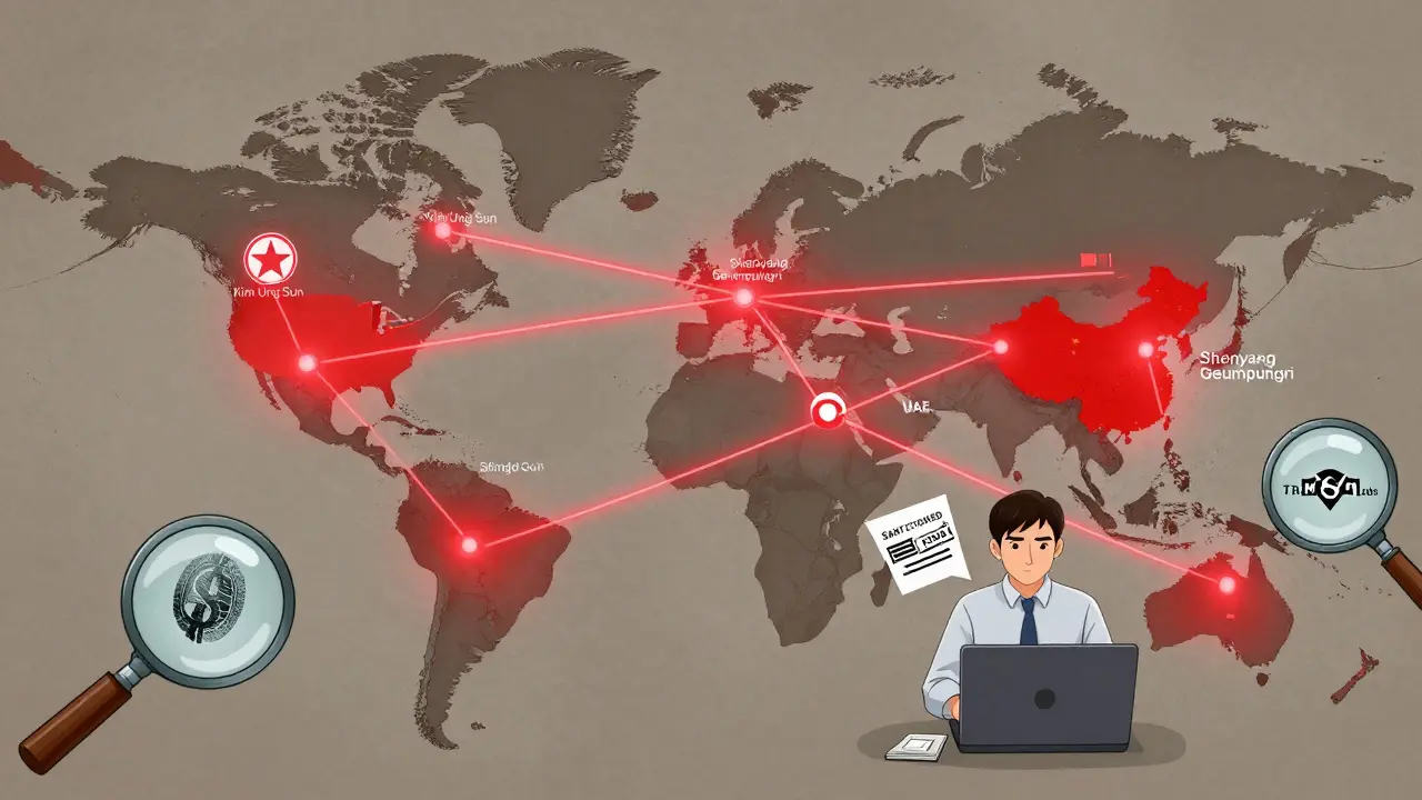 Global network linking North Korea to sanctioned countries via crypto theft, with a U.S. developer unknowingly involved.