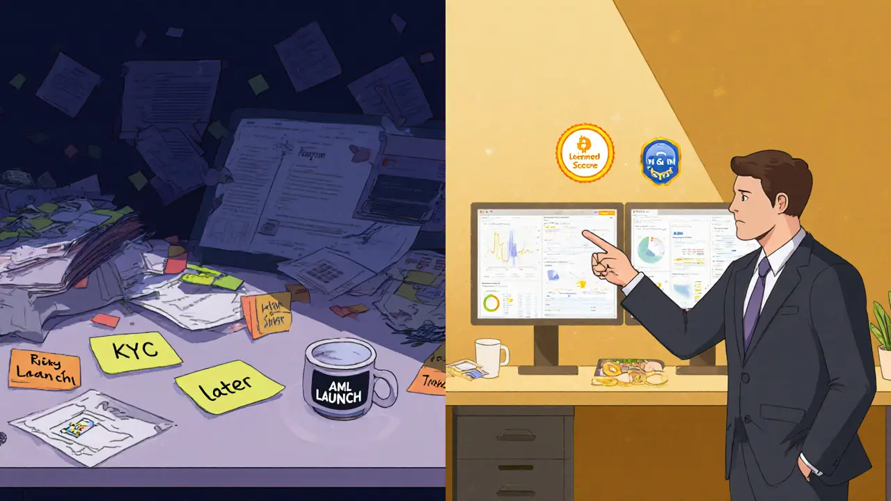 Split scene: chaotic unlicensed crypto setup vs. clean, compliant workspace with security dashboards.