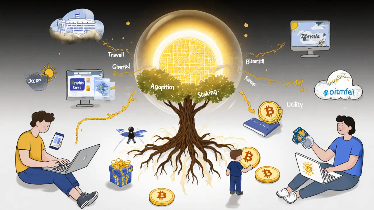 Users spending SXP on travel, gifts, and games within a glowing solar-powered blockchain ecosystem