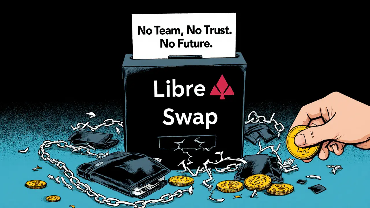 A black box labeled Libre Swap with disappearing crypto coins and no team visible.