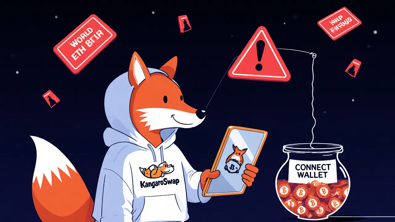 A fox in a KangarooCake hoodie tricks a wallet with a mirror reflecting PancakeSwap, luring crypto into a fishbowl.