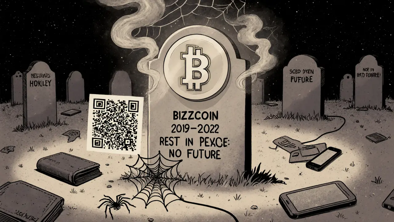 A ghostly BIZZCOIN logo above a gravestone in a digital graveyard of unused crypto tools.