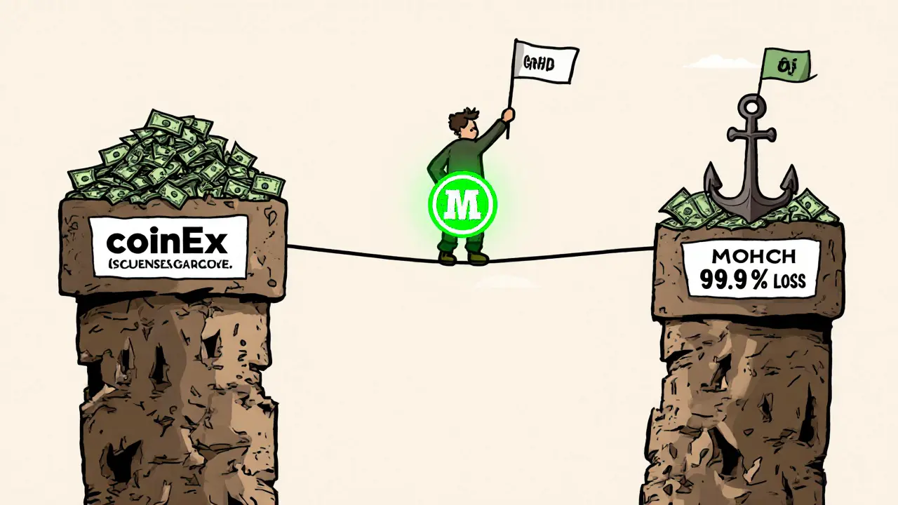 A lone trader balances a MOCHI token on a tightrope between two unstable exchanges, one side heavy with cash, the other sinking into loss.