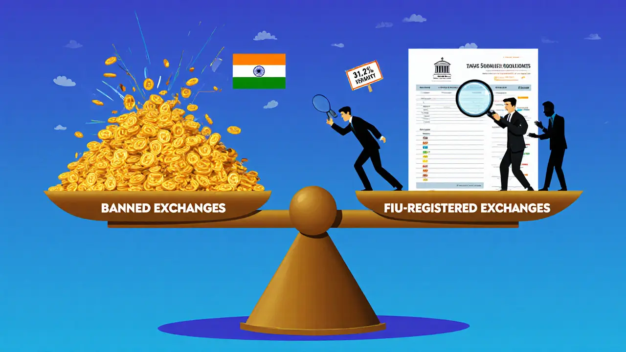 A scale balances chaotic unregulated crypto transactions against organized, tax-compliant trading with Indian financial systems.