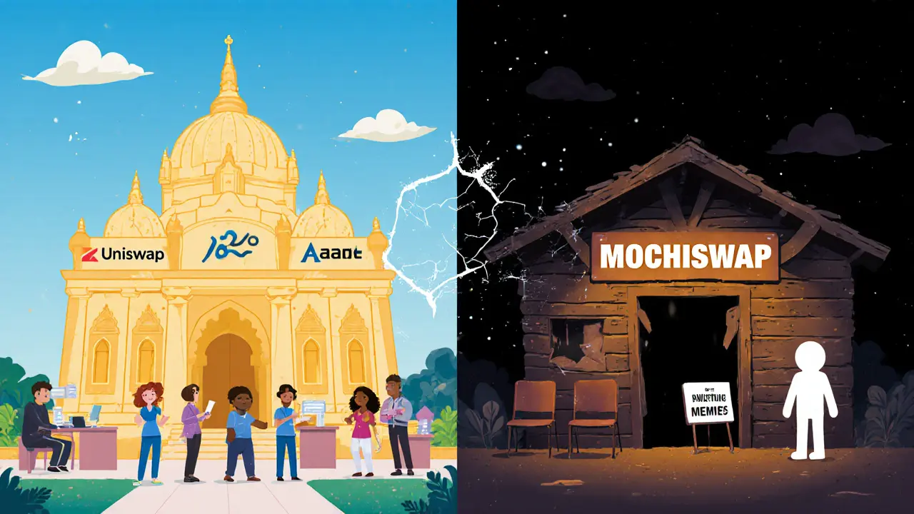 A split scene: a bright, active DeFi temple on one side, a crumbling MochiSwap shack on the other, symbolizing trust vs. risk.