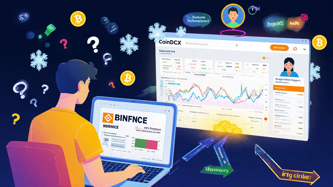 A trader faces a blocked exchange screen, guided toward a compliant crypto platform with tax reports and UPI payments.