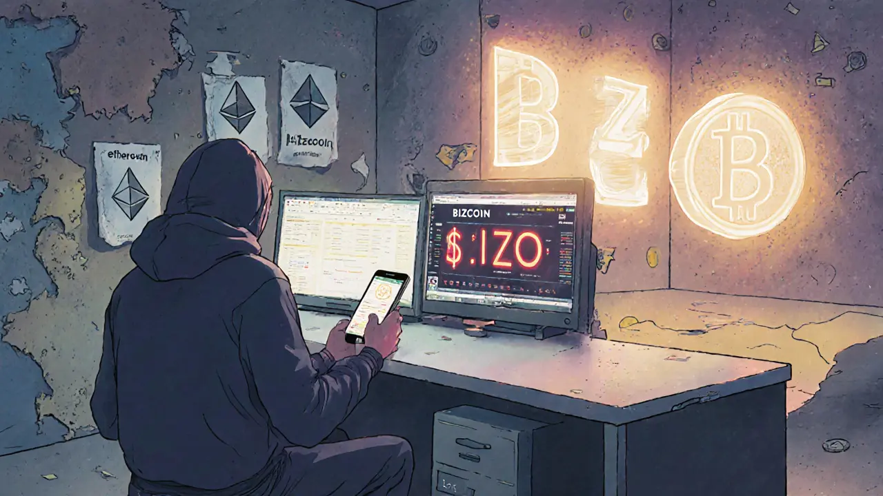 An empty crypto trading floor with one screen showing <h2>Who’s using it? No one.</h2> volume for BIZZCOIN.