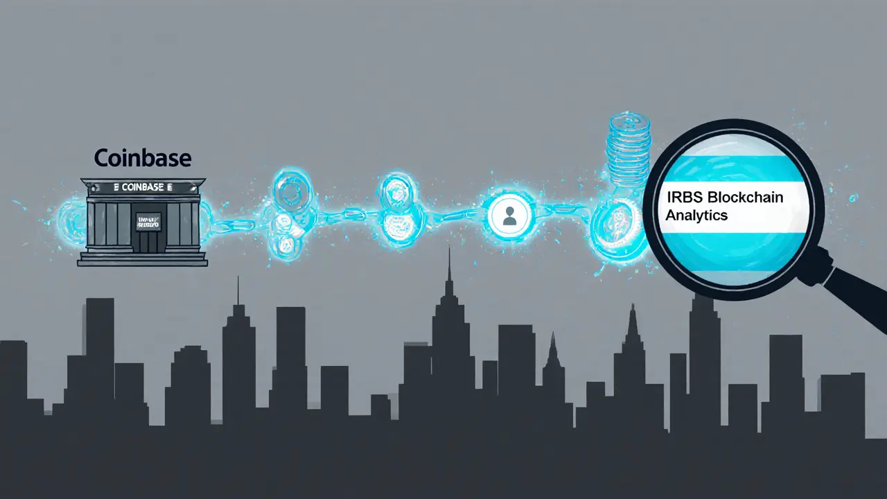 Blockchain chain linking exchange to bank account, with IRS magnifying glass tracing hidden wallet.