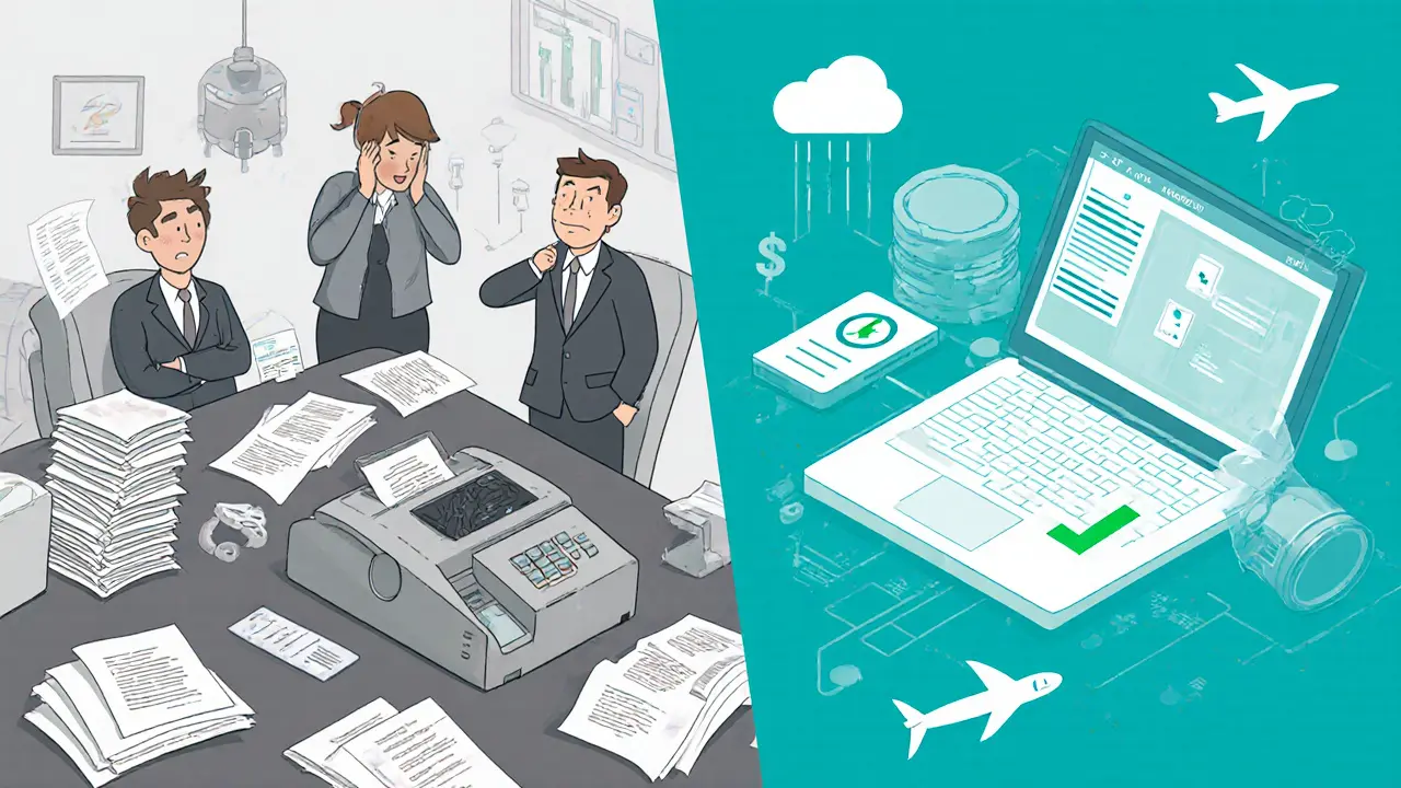 Contrast between messy paper-based claims processing and a clean digital blockchain system automating insurance.