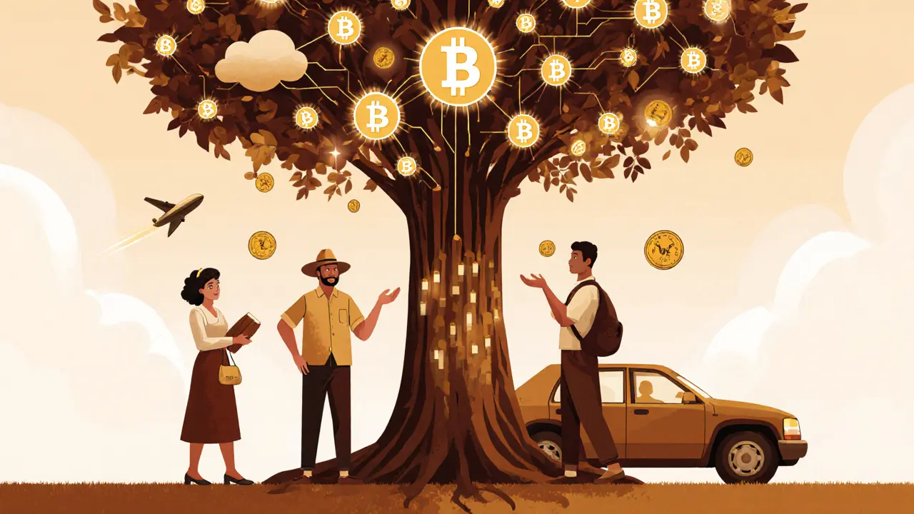 People receive automatic insurance payments as data from weather, cars, and flights feeds into a blockchain tree.