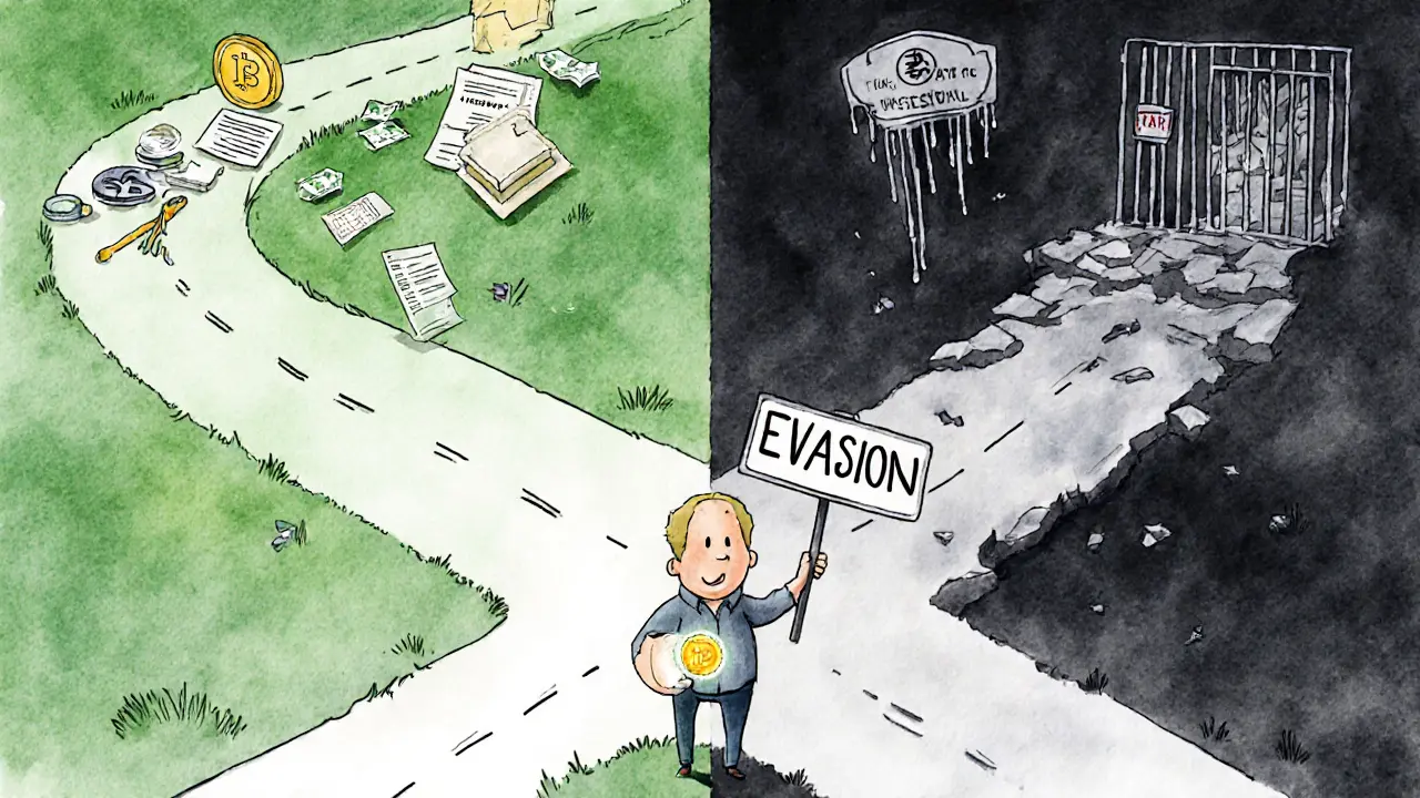 Person choosing between voluntary disclosure (light path) and tax evasion (dark path) with consequences.