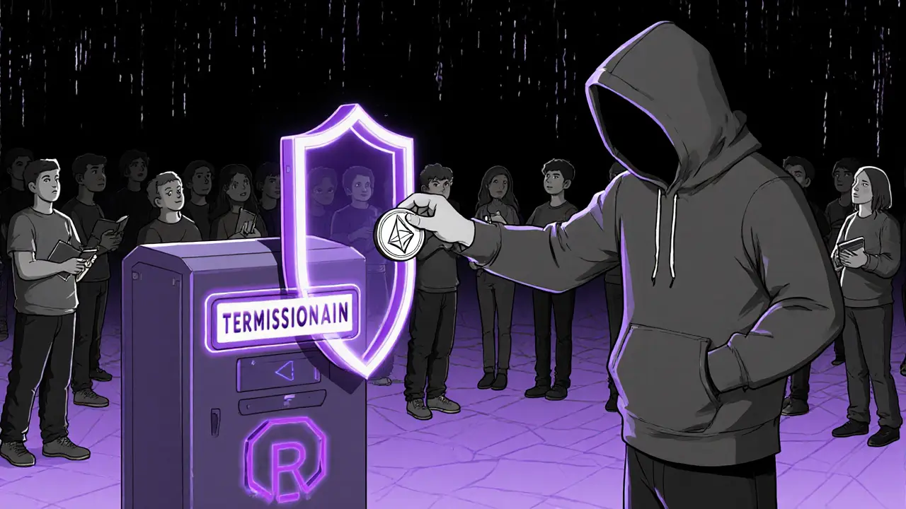 Shadowy figure depositing stolen ETH into THORChain terminal while users swap assets freely behind a 'Permissionless' shield.