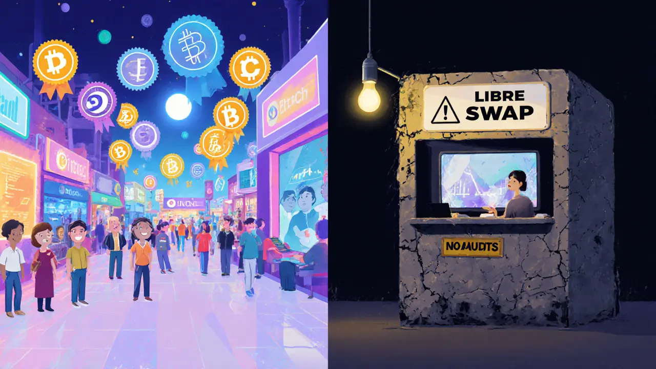 Uniswap thriving beside a crumbling Libre Swap kiosk with no users.