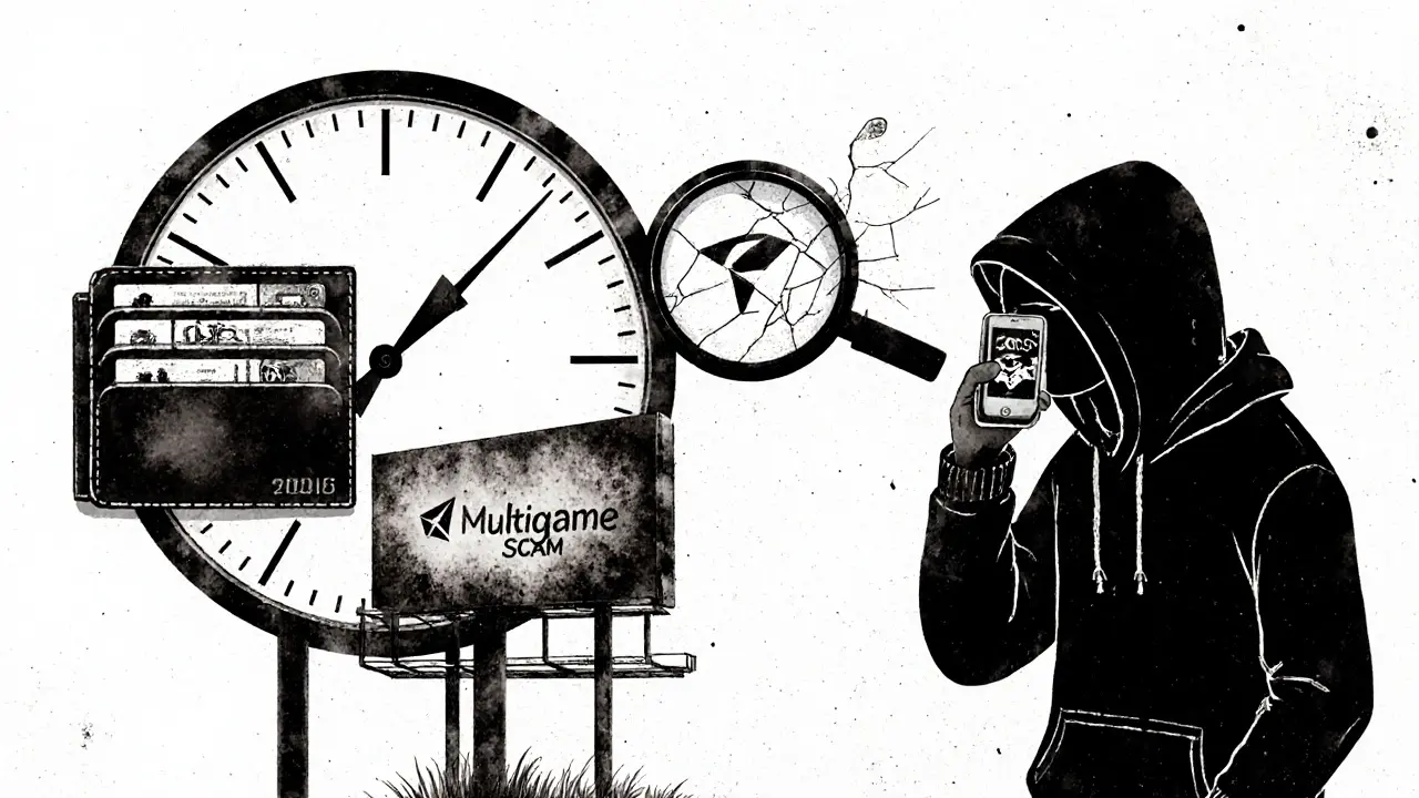 A clock shows March 2026 as a wallet holds NFTs beside a fading Multigame logo on a billboard.