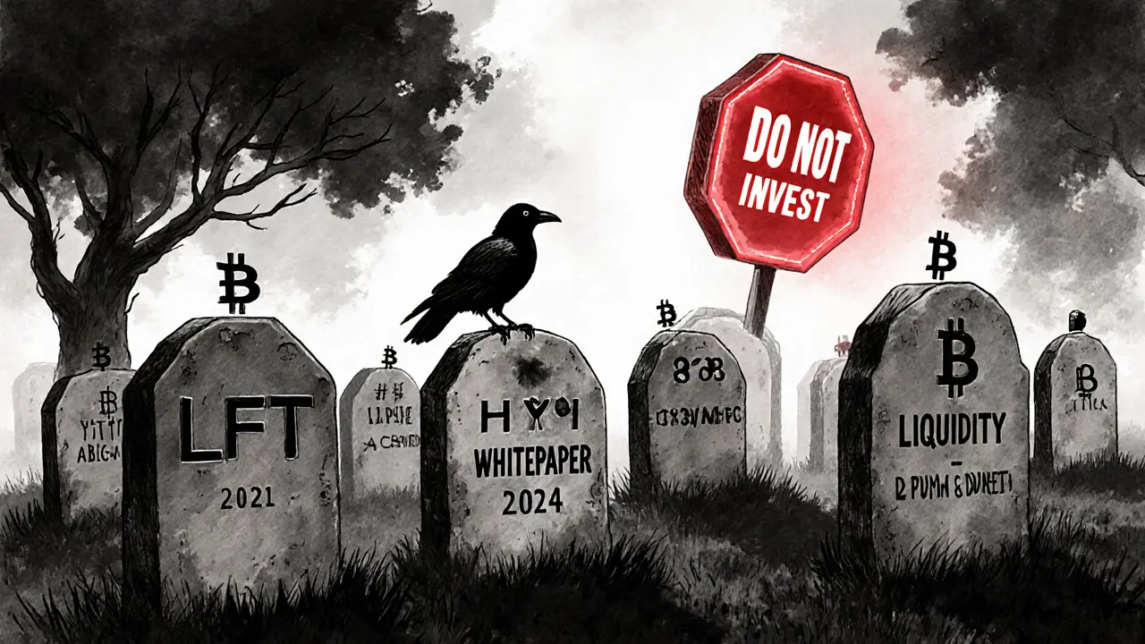 A crypto graveyard with tombstones for LFT, hype, and liquidity, a crow perched on &#039;Pump &amp; Dump&#039;.