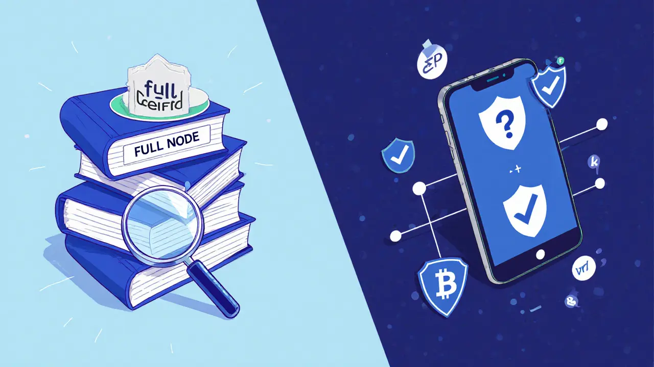 A full node verifying a massive blockchain next to a mobile wallet connected via a thin line, showing trust vs. convenience.