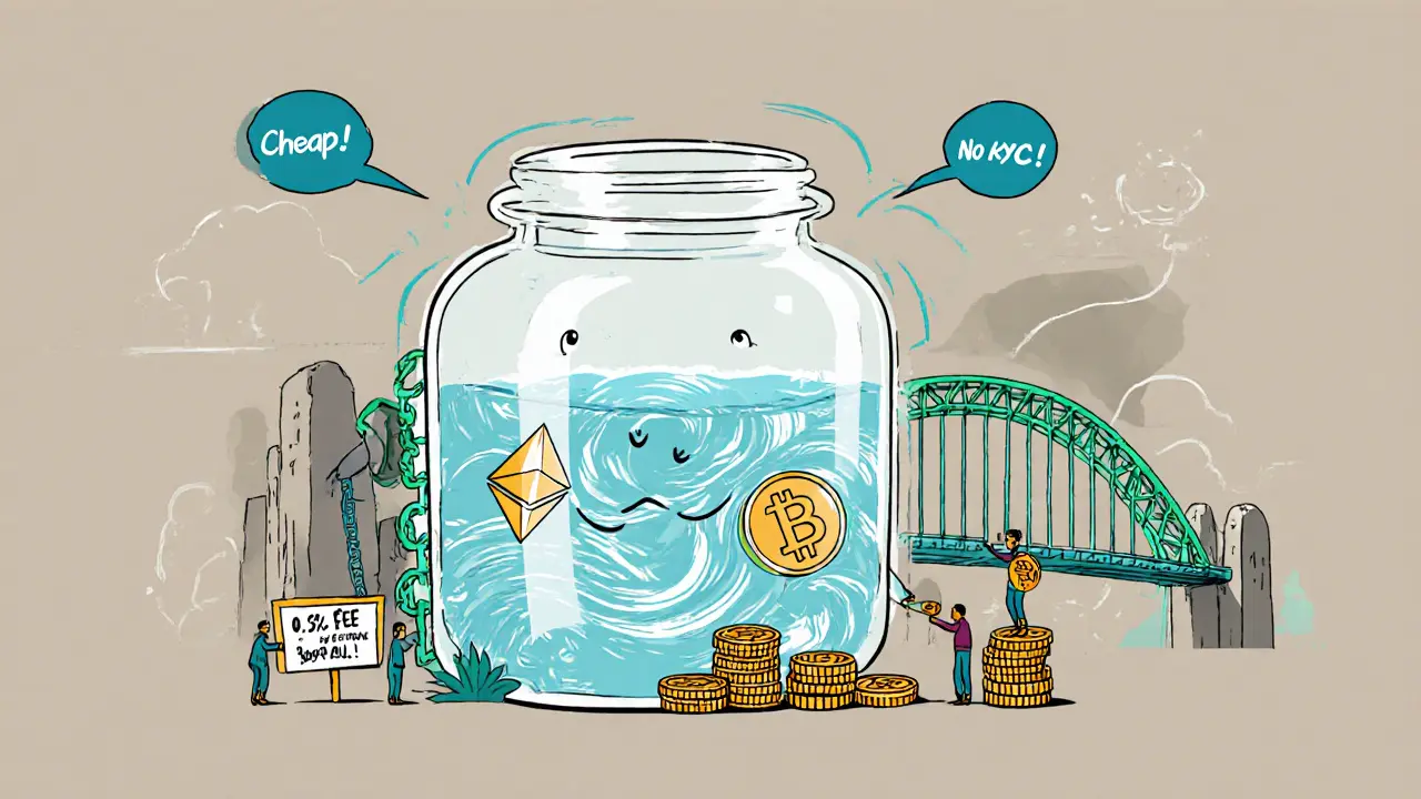 A glowing liquidity pool jar with ETH and USDC coins, connected to a Base network bridge, with signs saying &#039;Cheap!&#039; and &#039;No KYC!&#039;