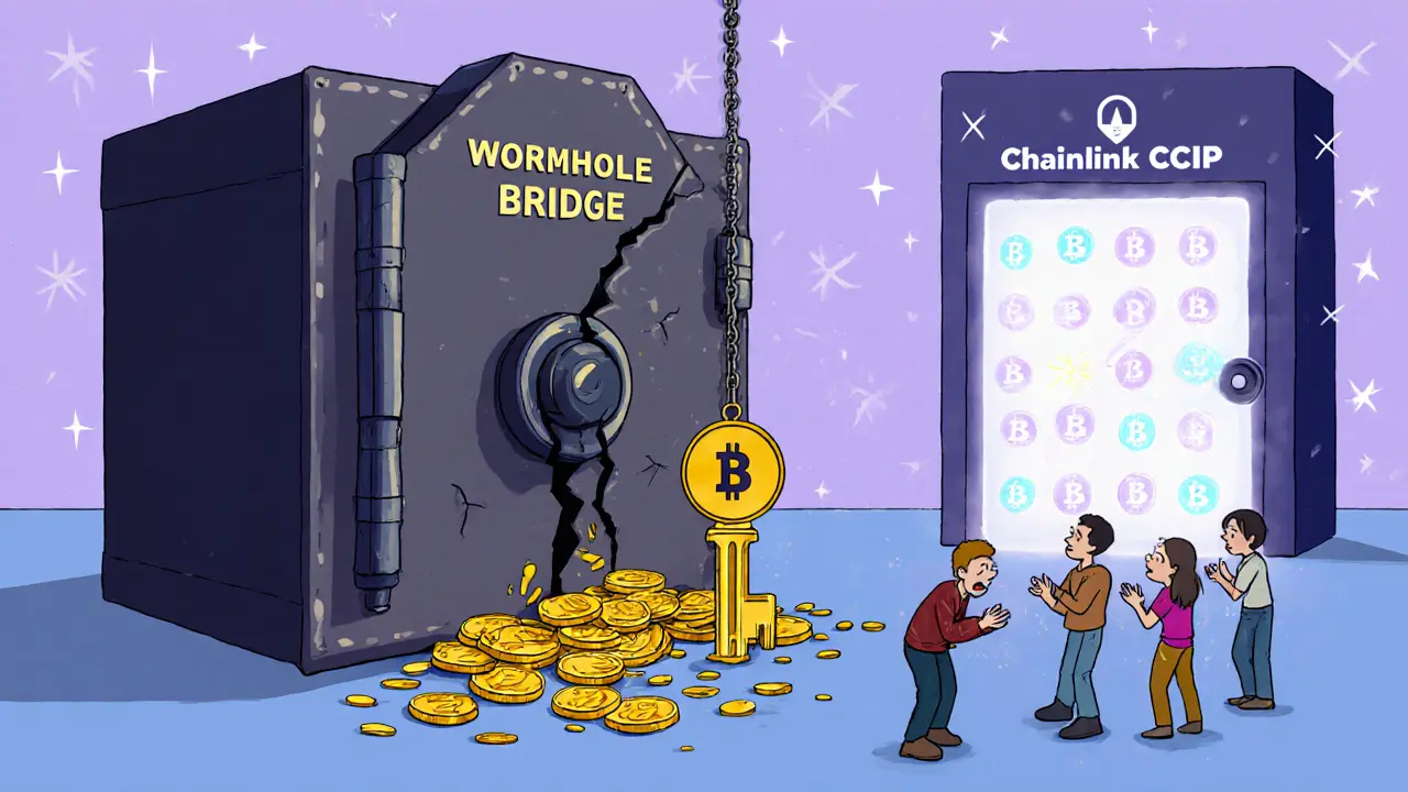 A leaking Wormhole vault with one broken key, contrasted with a secure Chainlink CCIP vault glowing with 50 validators.