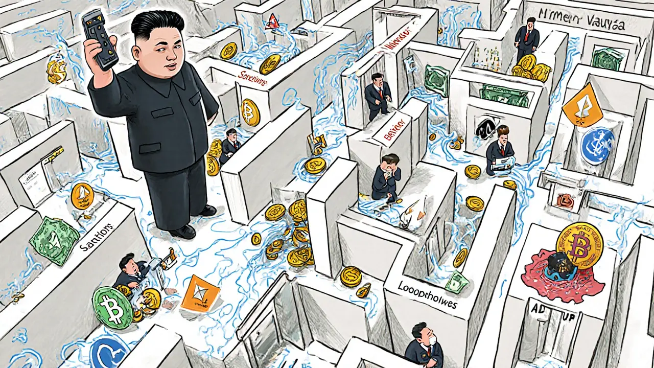 A maze of crypto laundering routes with agents chasing stolen funds through decentralized loopholes.