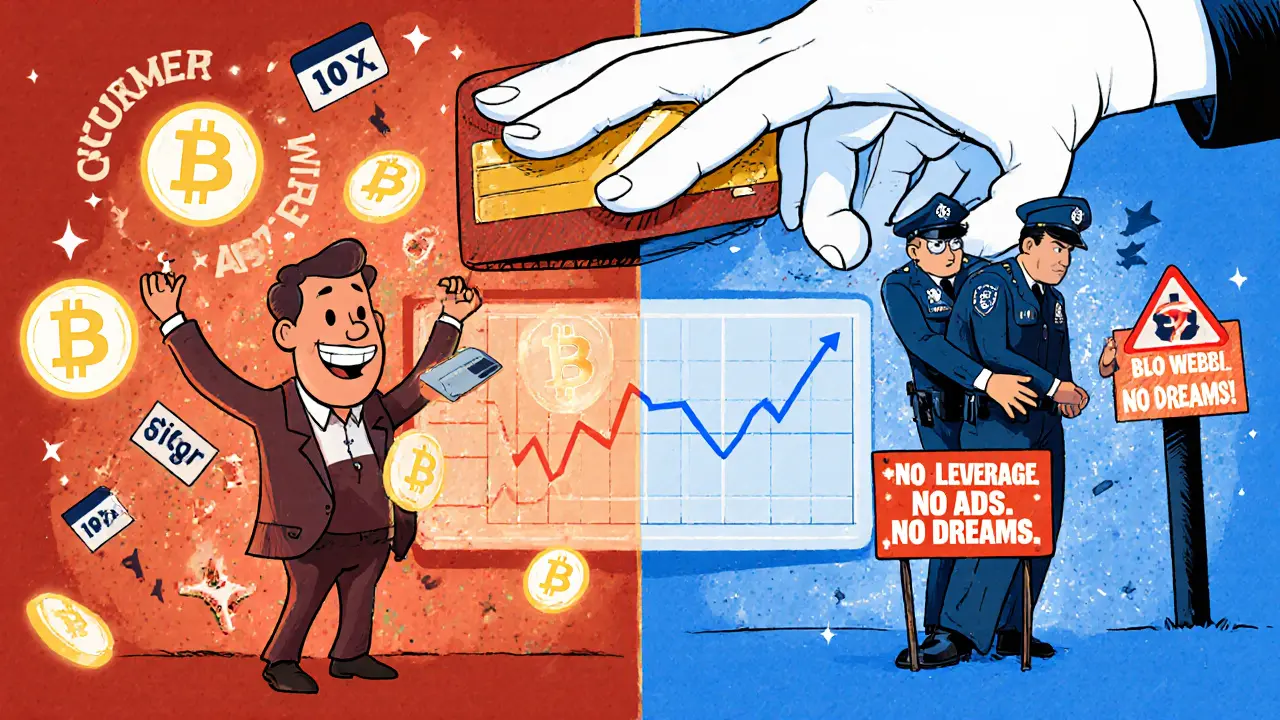 A retail investor’s crypto dream turns to loss under strict UK rules, shown in contrasting before-and-after scenes.