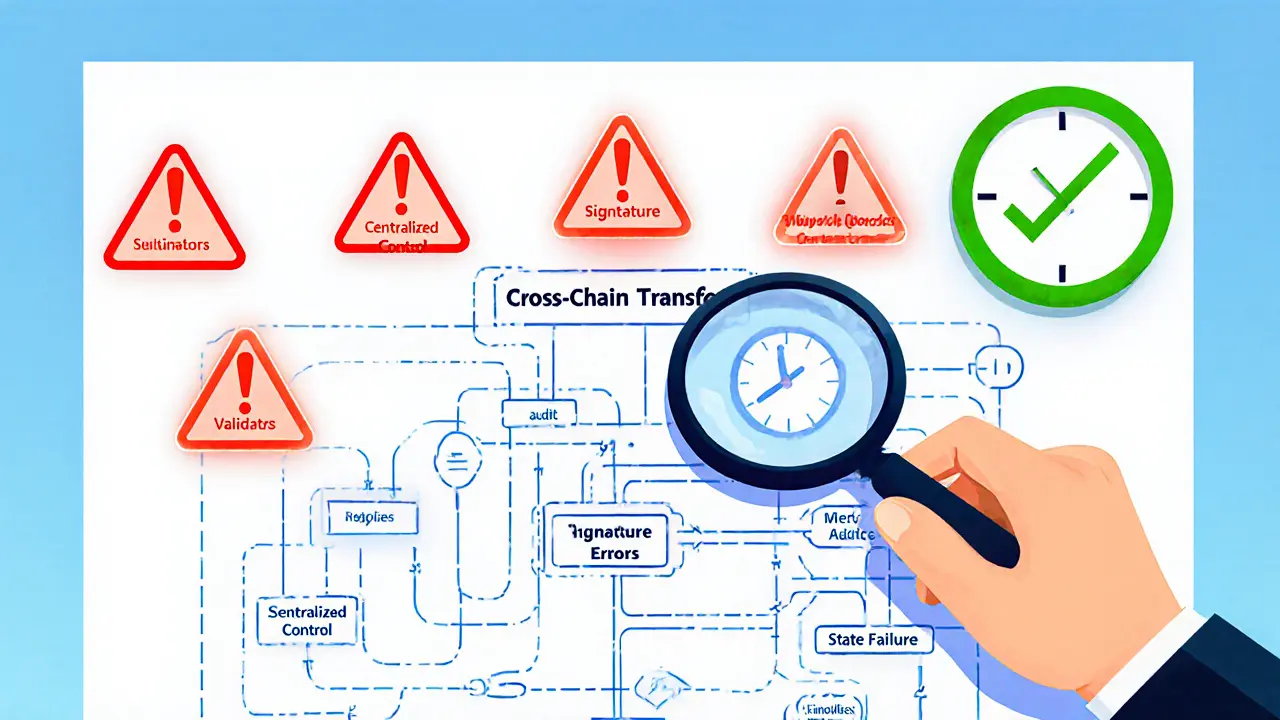 A user inspecting a flowchart with five red warning icons for bridge flaws, and one small green audit checkmark.