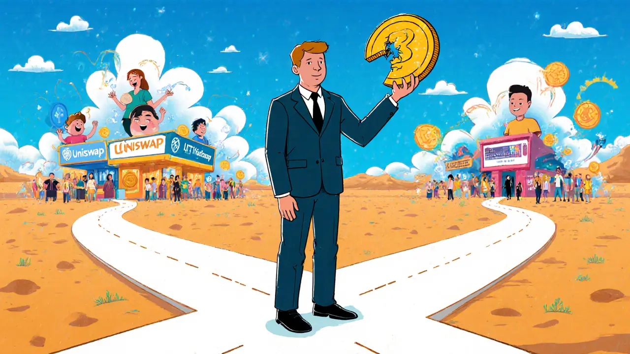 An investor stands at a crossroads: one path leads to thriving crypto platforms, the other to a barren wasteland labeled LFT.