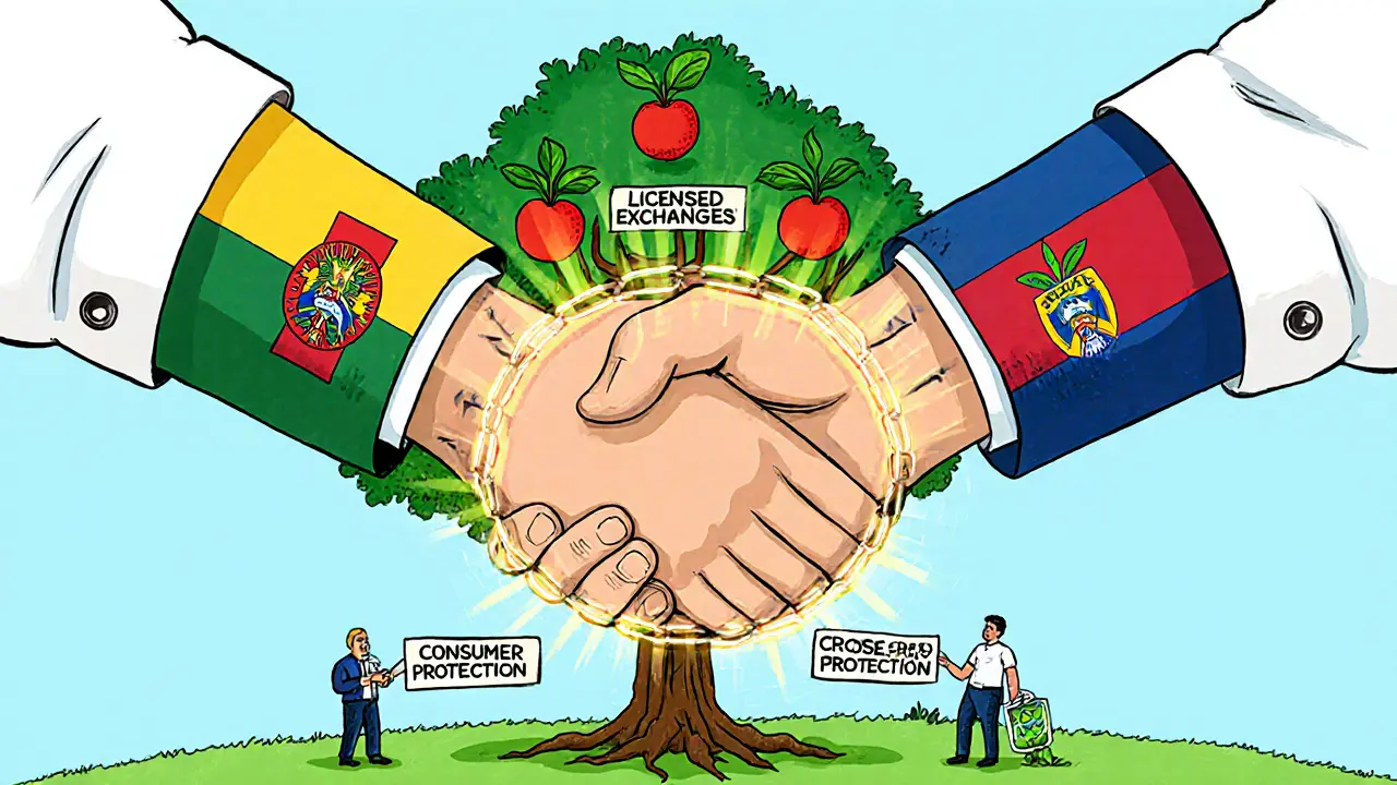Bolivia and El Salvador shaking hands connected by blockchain, with a regulation tree growing behind them.